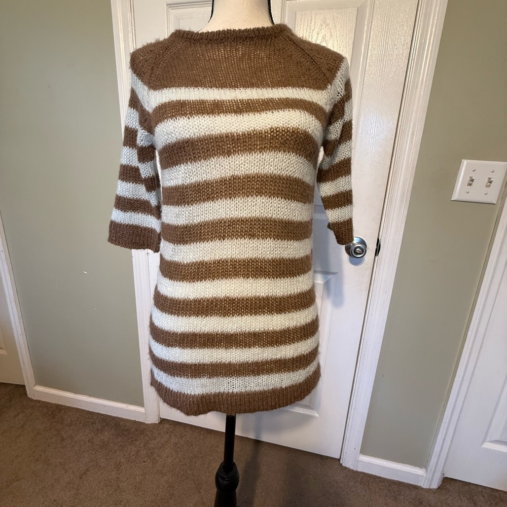 Wooden Ships Striped Brown and Pale Blue Scoop-Neck Knit Sweater